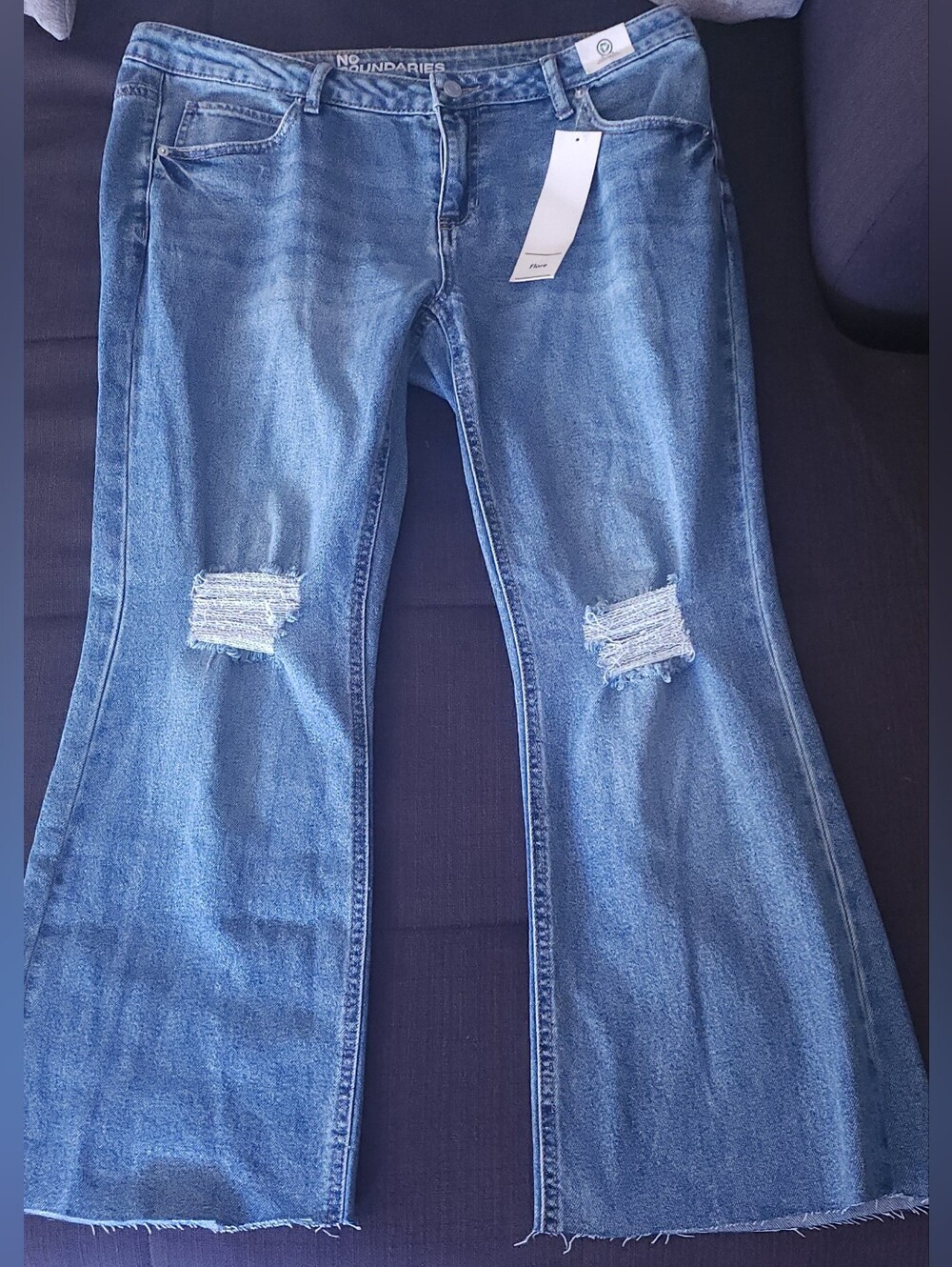 No Boundaries Women's Blue Distressed Flare Jeans. Size 14, Never Worn!